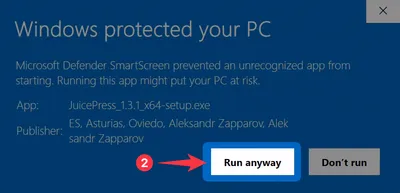 Windows SmartScreen dialog after expansion — click "Run anyway" to launch JuicePress