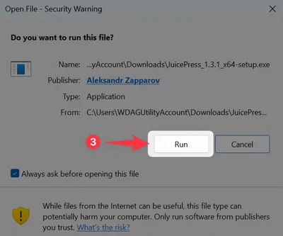 Windows Open File security warning — click "Run" to confirm launching JuicePress